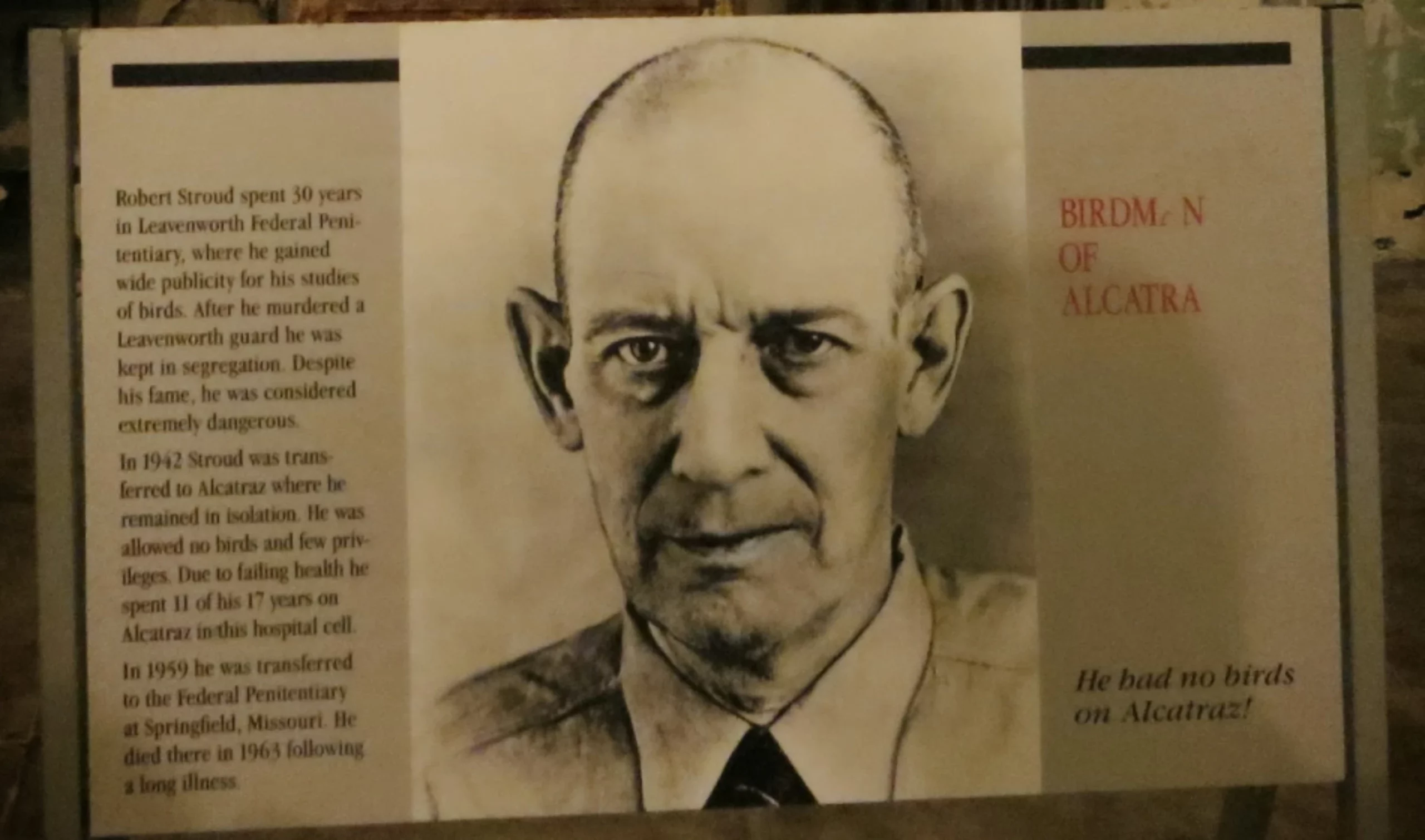 A portrait image of Robert Stroud, "The Birdman of Alcatraz"
